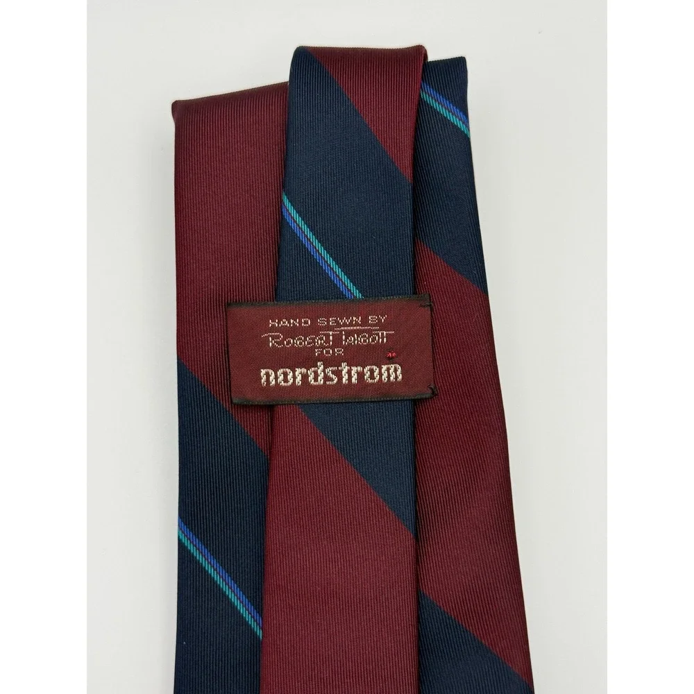 Robert Talbott Necktie OS Burgundy Navy Stripe Preppy Ivy League Dark Academia